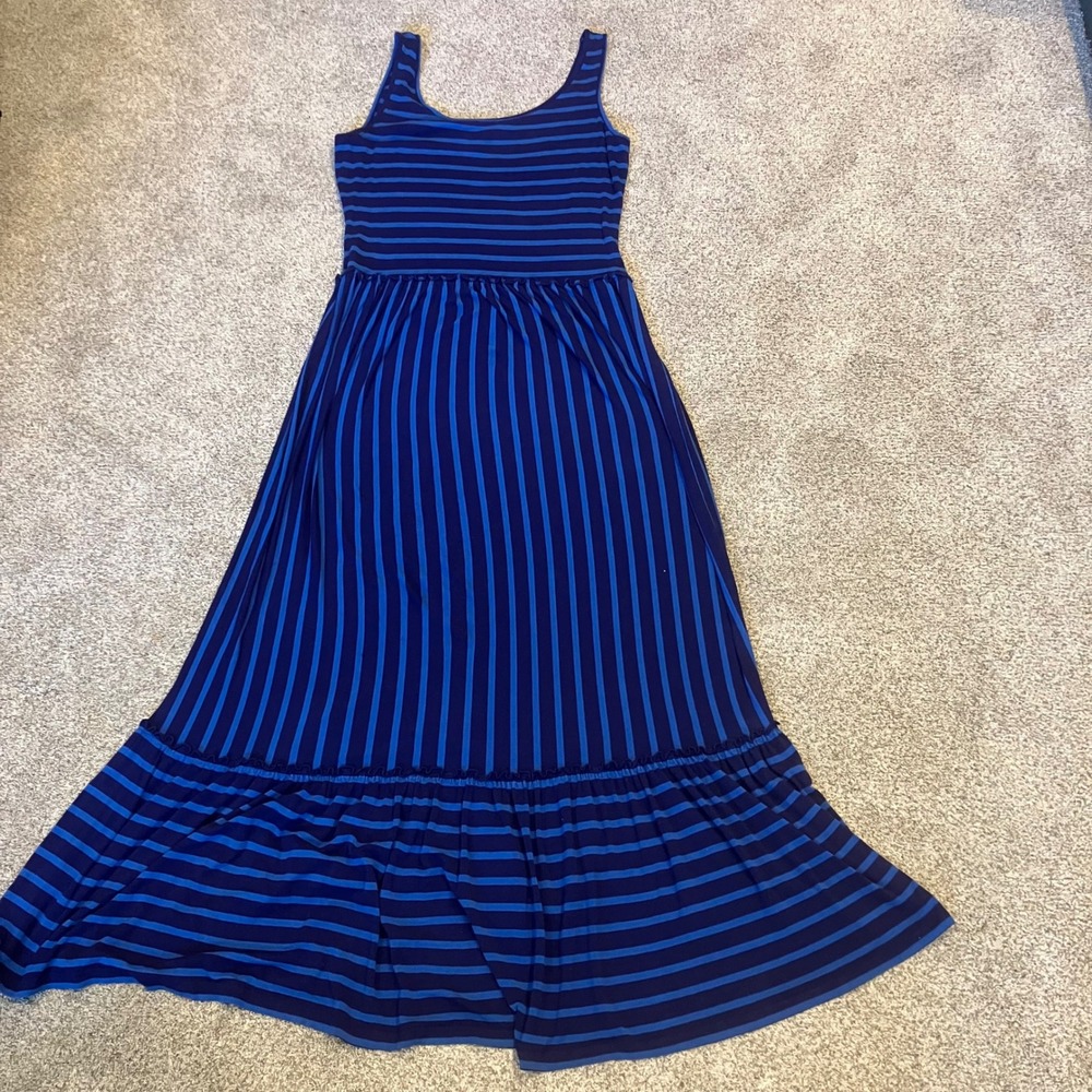 Calvin Klein Women Navy Blue Striped Sleeveless Ruffle Maxi Dress Size 10 Preppy